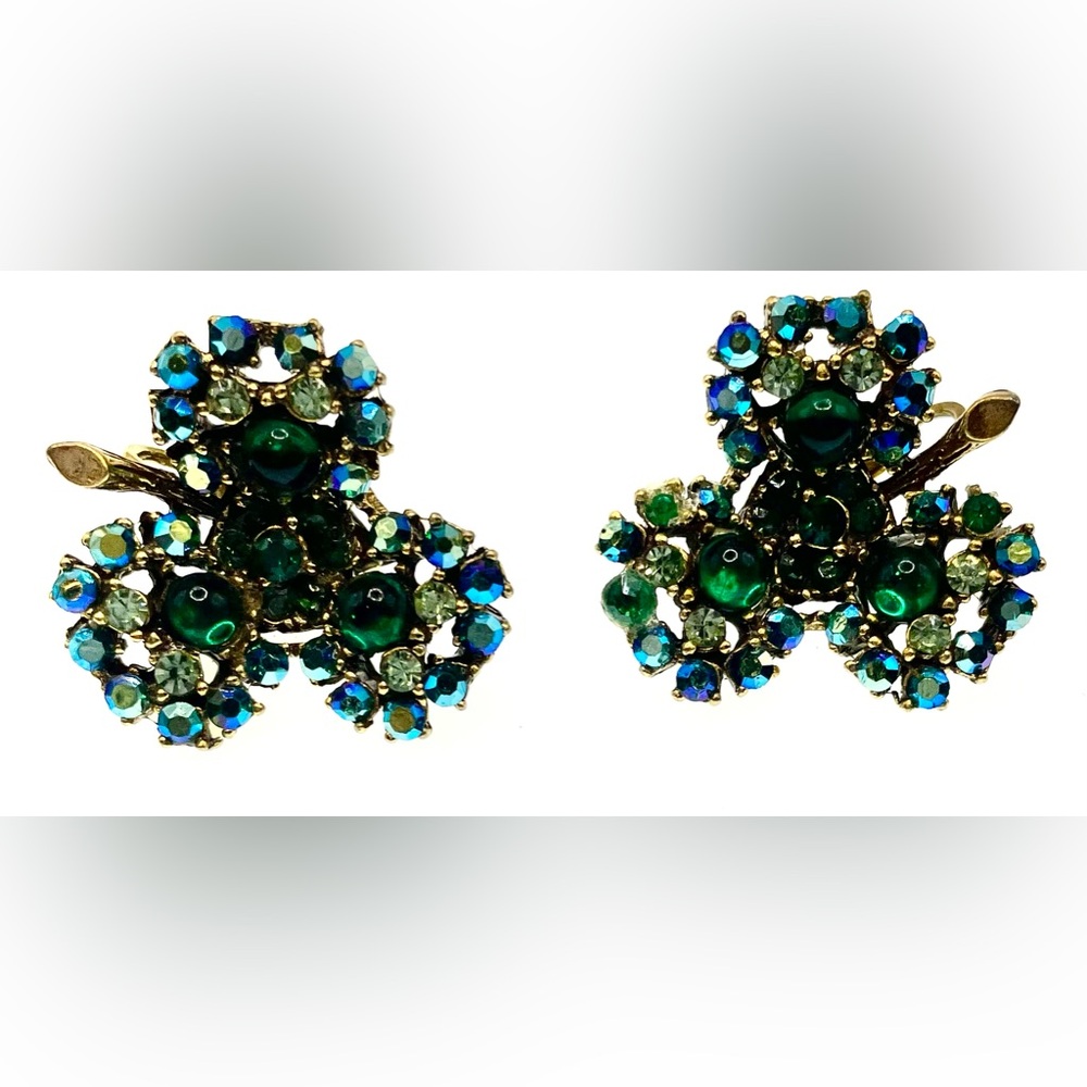 Vintage Signed ART Gold Tone Clip On Earrings Emerald Green & Clear AB Crystals